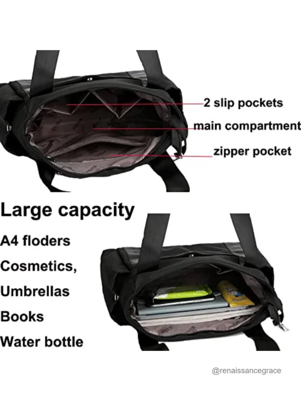 Women's Nylon Tote Shoulder Bag Multi-Pocket Shopper Handbag Large Capacity